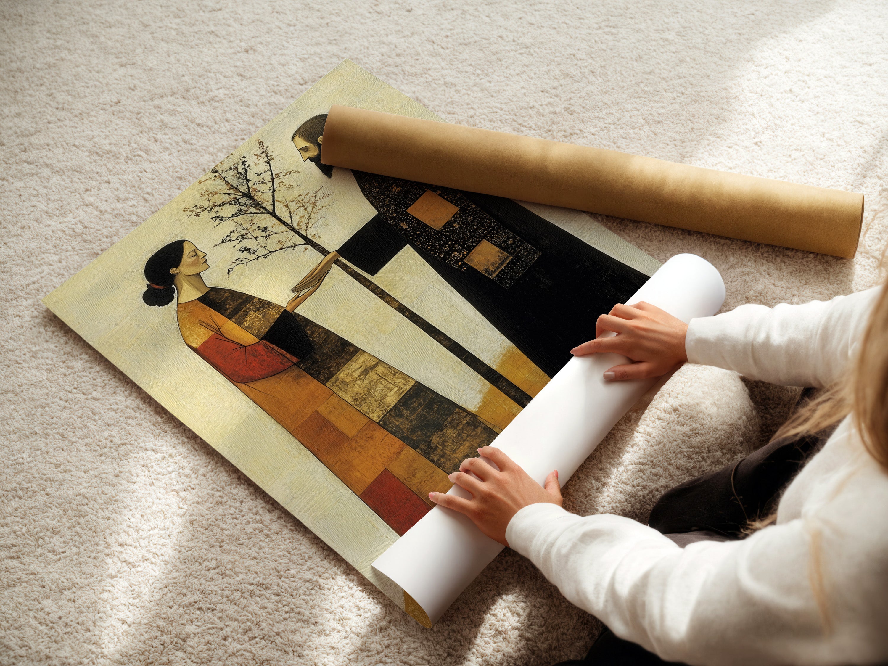 A woman is rolling a fine art poster paper print. This modern folk art piece features a couple planting a tree. The contemporary artwork has earthy tones. The print is perfect for bedroom wall decor. Great for nature lovers.
