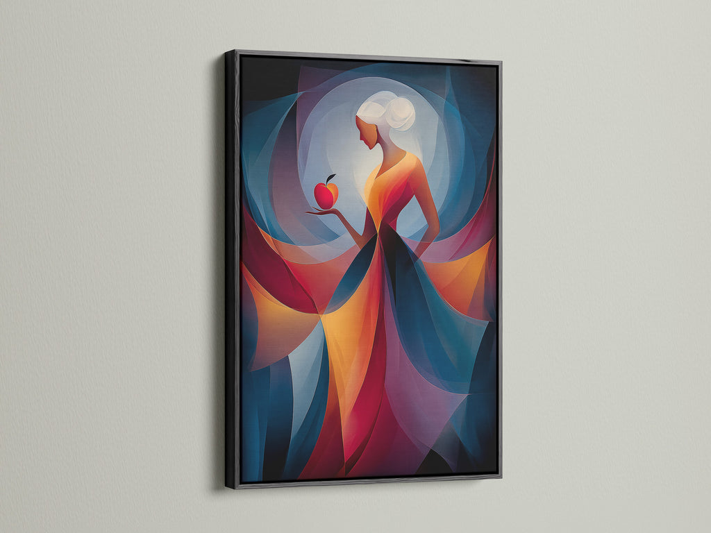This art piece is showcased in a black frame. The artwork features a woman holding a red apple. The black frame adds a bold striking contrast. It draws attention to the artwork's beauty.