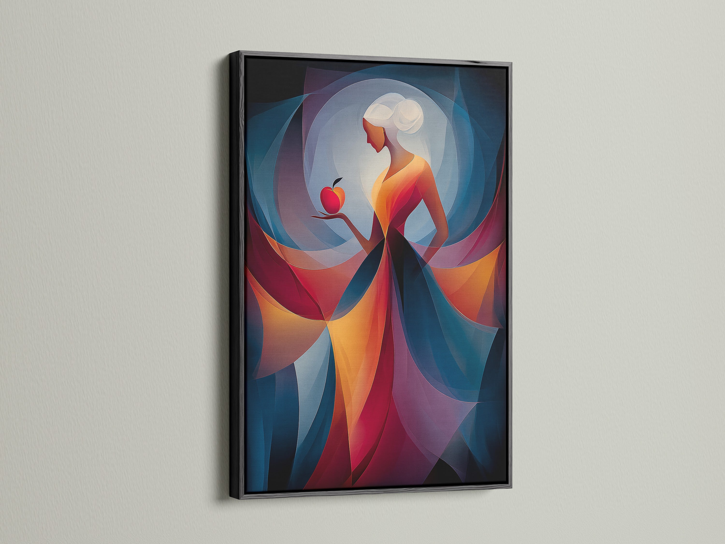 This art piece is showcased in a black frame. The artwork features a woman holding a red apple. The black frame adds a bold striking contrast. It draws attention to the artwork's beauty.