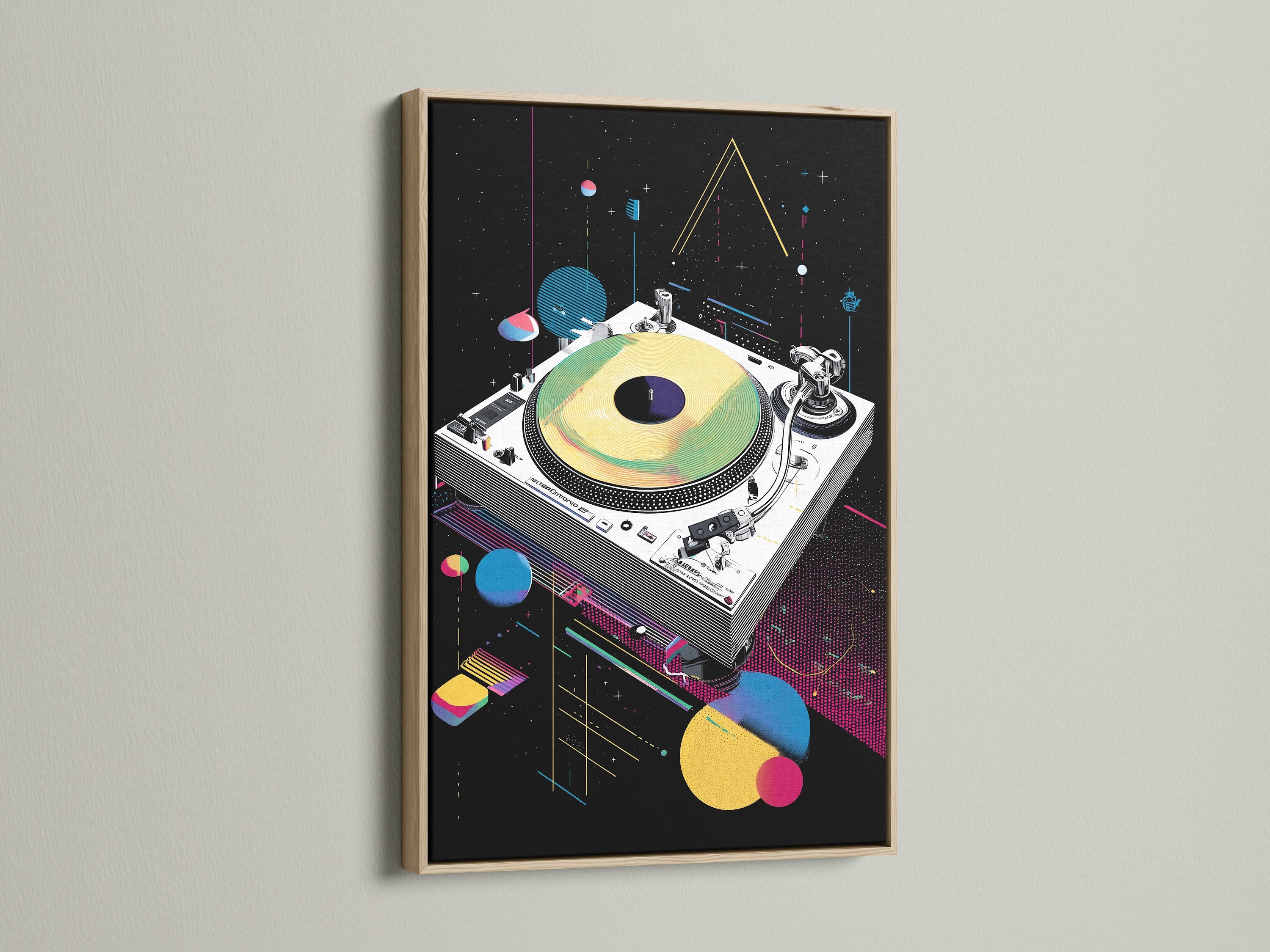 Retro turntable artwork displayed in an oak frame. Enhance your space with this synthwave music wall art. It's vaporwave DJ decor for any studio or office. The primary color is black and the secondary color is yellow.