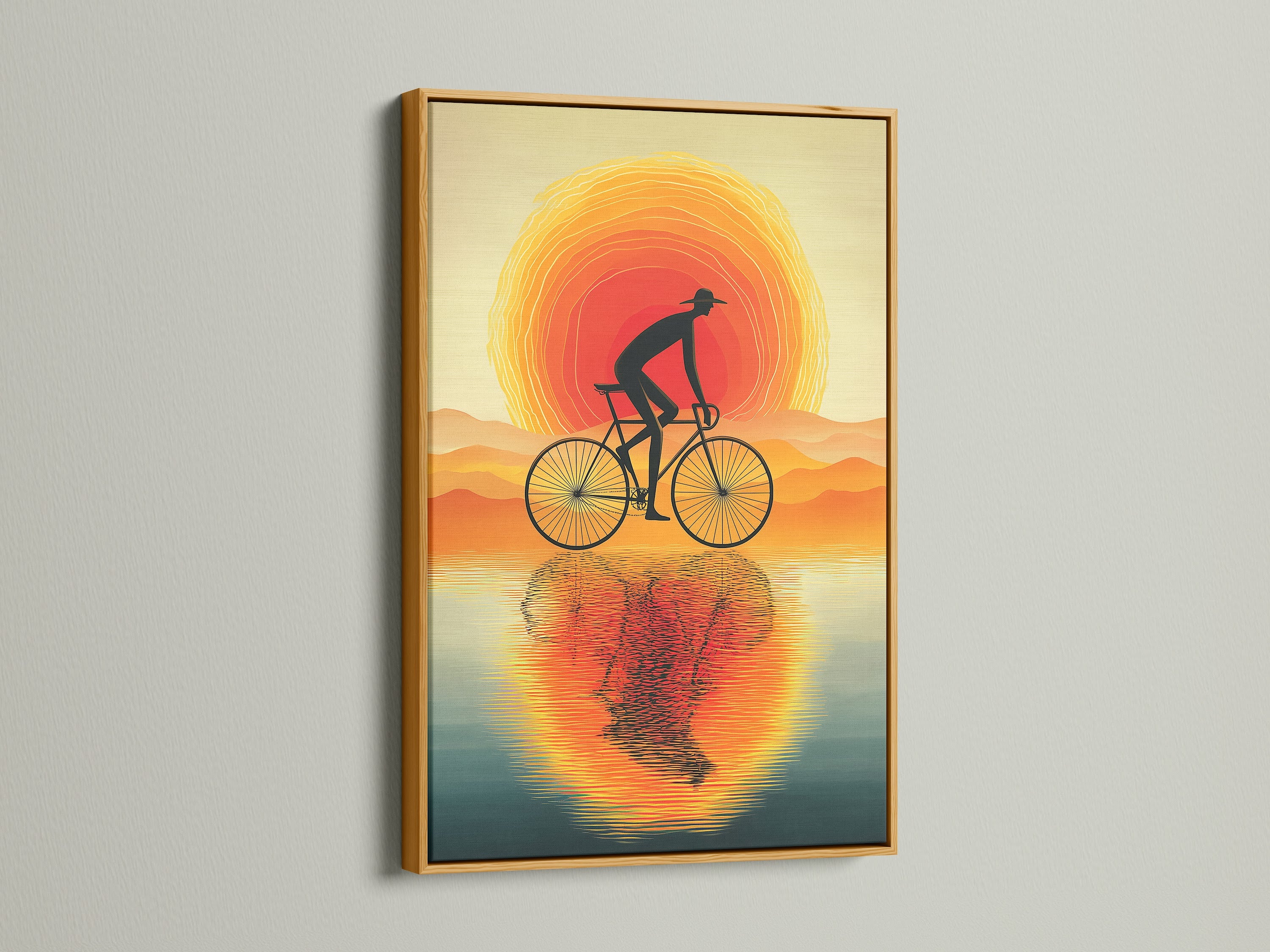 See the Sunset Ride modern artwork with a gold frame. This adds a touch of elegance to the sunset canvas. The orange teal art is perfect for a modern home. It's a unique cyclist canvas.
