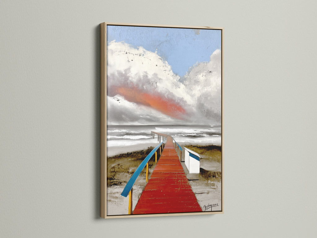 Coastal Wall Art featuring a red boardwalk in an oak frame. The seascape artwork adds a relaxing touch to any space. This beach wall art is ideal for creating a coastal or nautical theme. Enhance your home with this ocean-inspired piece.