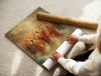 A woman is carefully rolling a fine art poster paper. The paper features religious art of Jesus Christ with Apostles. This premium poster paper ensures vibrant colors and exceptional detail. Ideal for creating stunning religious prints and wall decor.