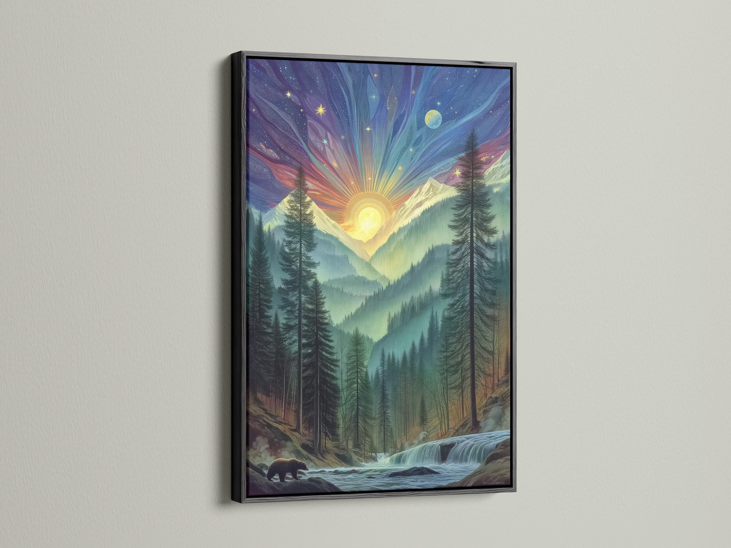 The black frame accentuates the mountain wall art. The cosmic sky print adds depth to any room. This wilderness art is ideal for cabin decor. Bring the beauty of nature inside.