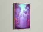 Tropical palm tree artwork in an oak frame. The vivid colors of the purple and teal create a vaporwave aesthetic. This tropical canvas adds a touch of paradise to your home.