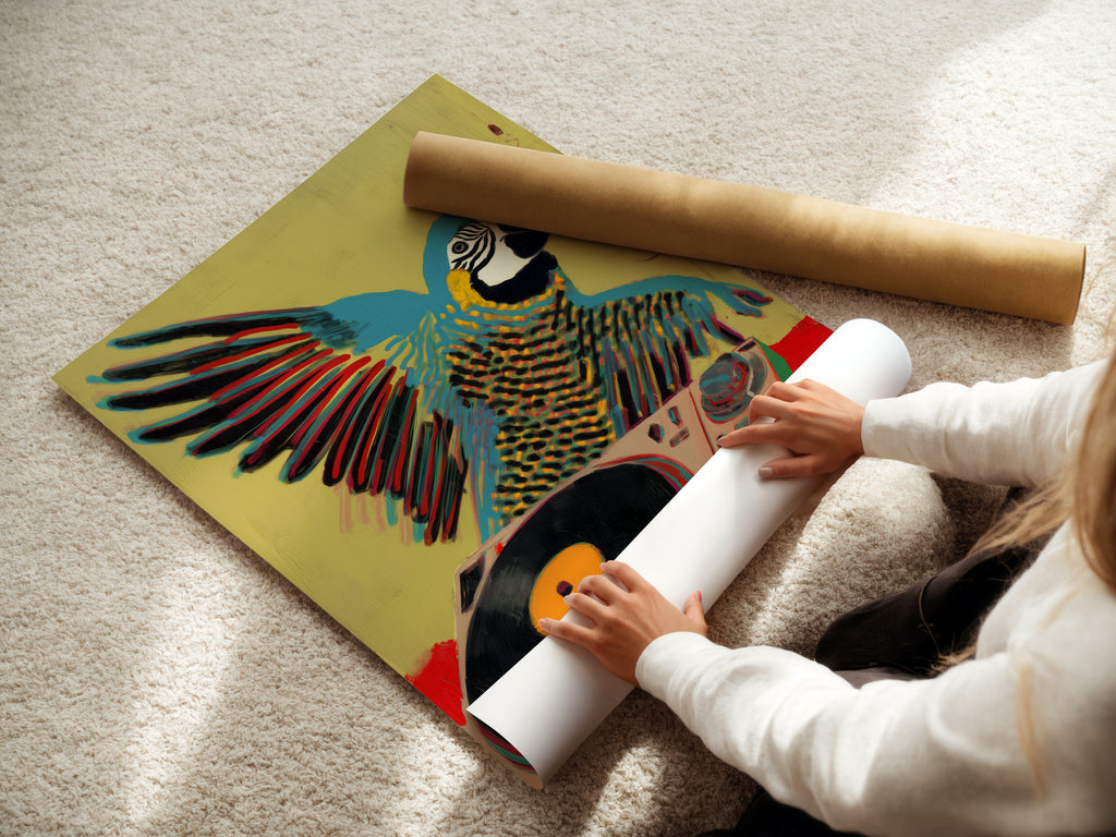 A woman is carefully rolling a fine art poster paper. This highlights the care in handling fine art. The parrot DJ artwork is available as a poster. Explore fine art poster options here for your studio.