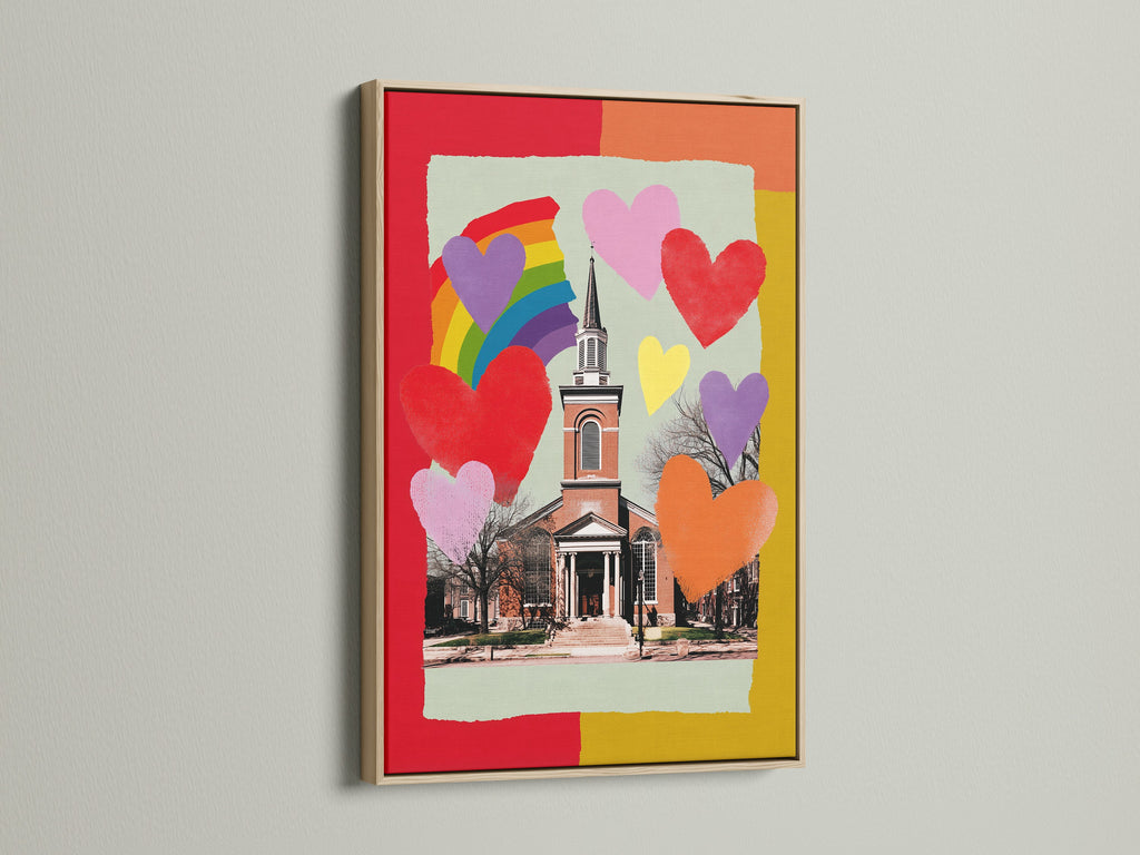 A framed artwork with an oak frame is displayed on a white wall. The art features a church with hearts and a rainbow. The oak frame enhances the artwork's charm. Discover oak frames to bring warmth to your cherished art.