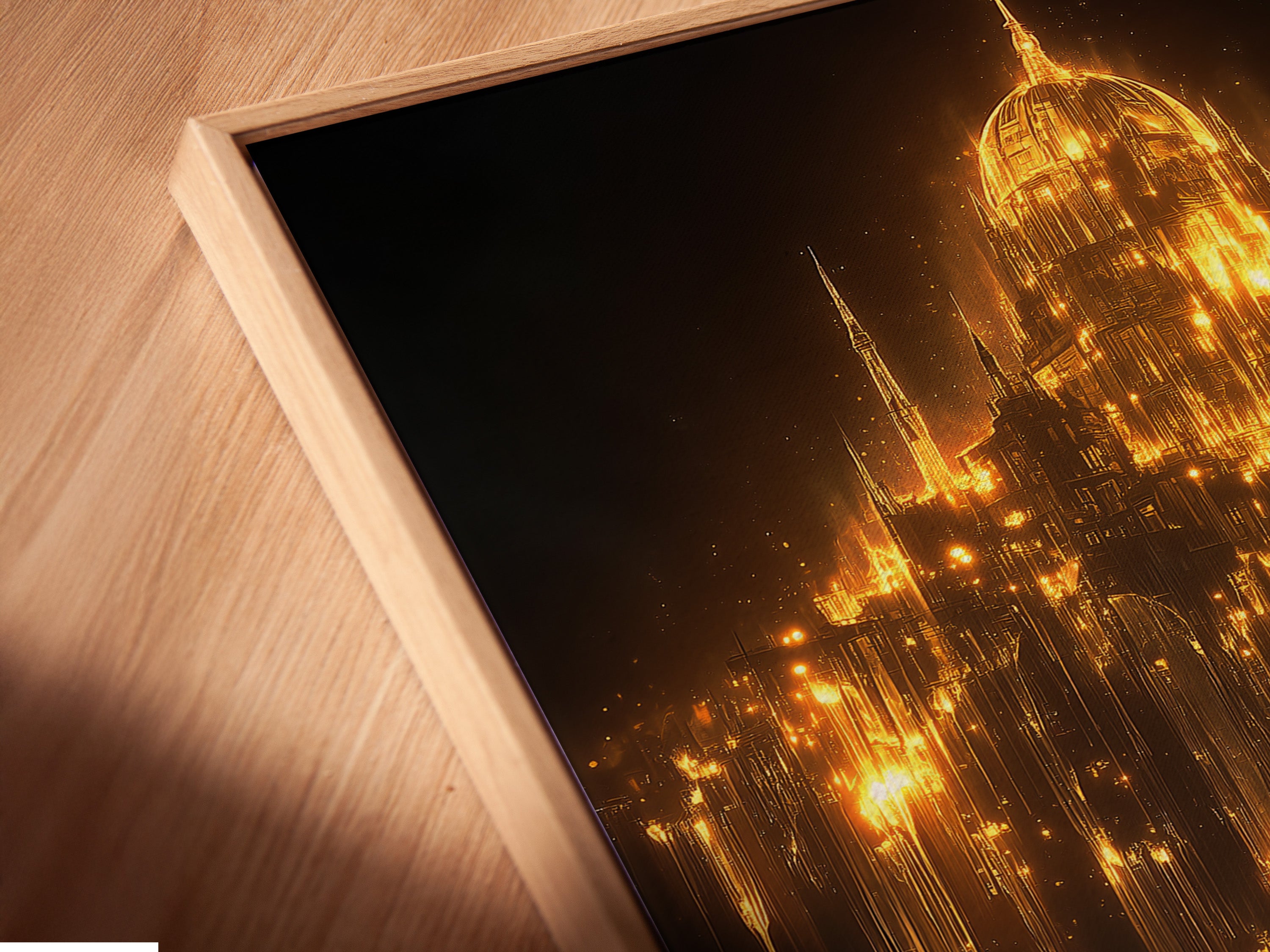 A close-up angled view shows a canvas print in a floating frame. This gothic cathedral art print is ideal for dark academia decor. See the mystical wall art with its fantasy architecture. The golden light art highlights the details of this cathedral print. Gothic wall decor adds elegance.