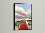 Seascape painting of a red boardwalk in a black frame. A striking piece of coastal art brings the ocean to your living space. Perfect for adding a nautical touch to your home. This artwork complements contemporary and beach-themed interiors.