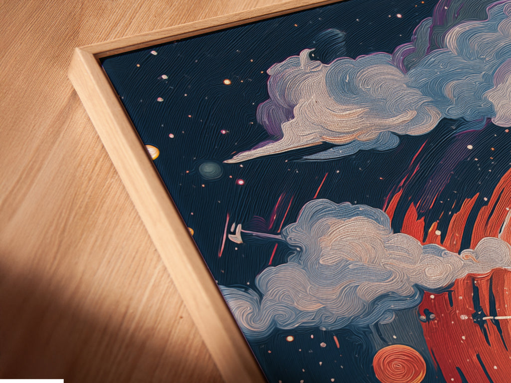 A close-up of the canvas print in a floating frame is displayed. The cosmic lighthouse artwork appears to hover. The framed space art enhances the viewing experience and brings depth.