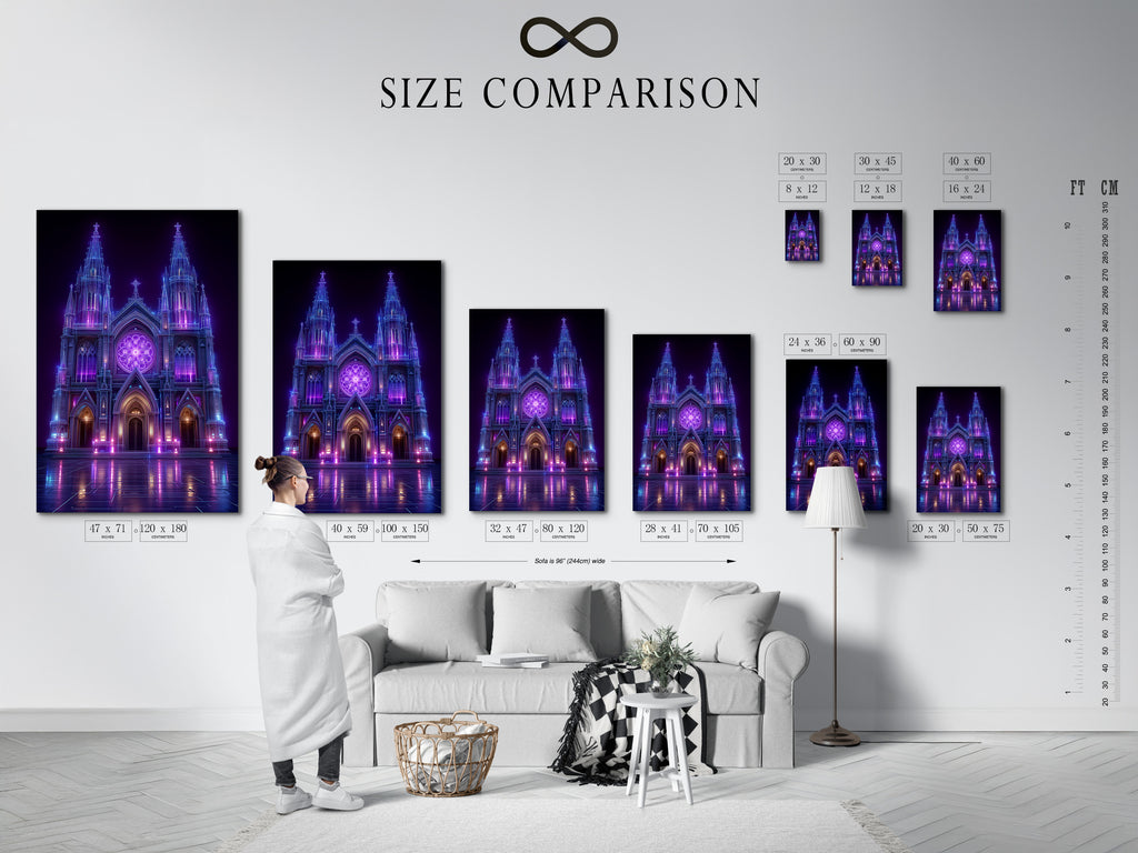 Understand the size options with this comparison chart. Visualize how the gothic cathedral art will fit in your space. Choose the perfect size for your cyberpunk wall art. Make the right choice for your neon purple art today.