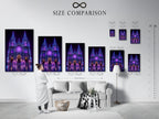 Understand the size options with this comparison chart. Visualize how the gothic cathedral art will fit in your space. Choose the perfect size for your cyberpunk wall art. Make the right choice for your neon purple art today.