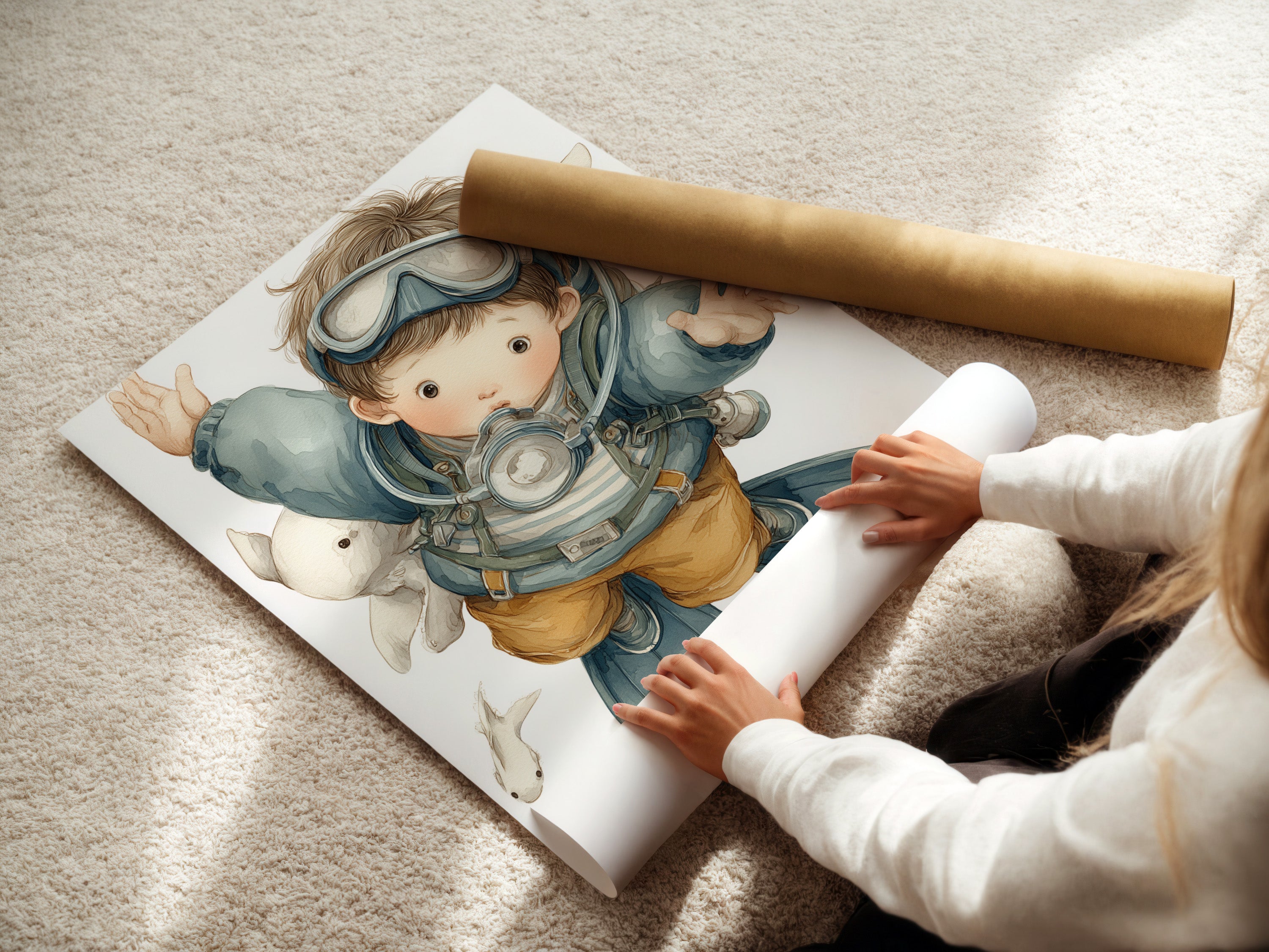 A woman carefully rolls a fine art poster paper. This paper is perfect for creating stunning scuba diver art. It ensures high-quality prints for ocean themed decor. Ideal for kids room wall decor or a nautical nursery. The fine art paper captures every detail.