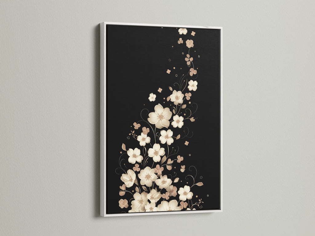 A floral canvas print with a white frame. This botanical artwork brings a fresh airy feel. The beige flowers and neutral print enhance bedroom walls. It's perfect as a simple yet elegant piece of wall art.