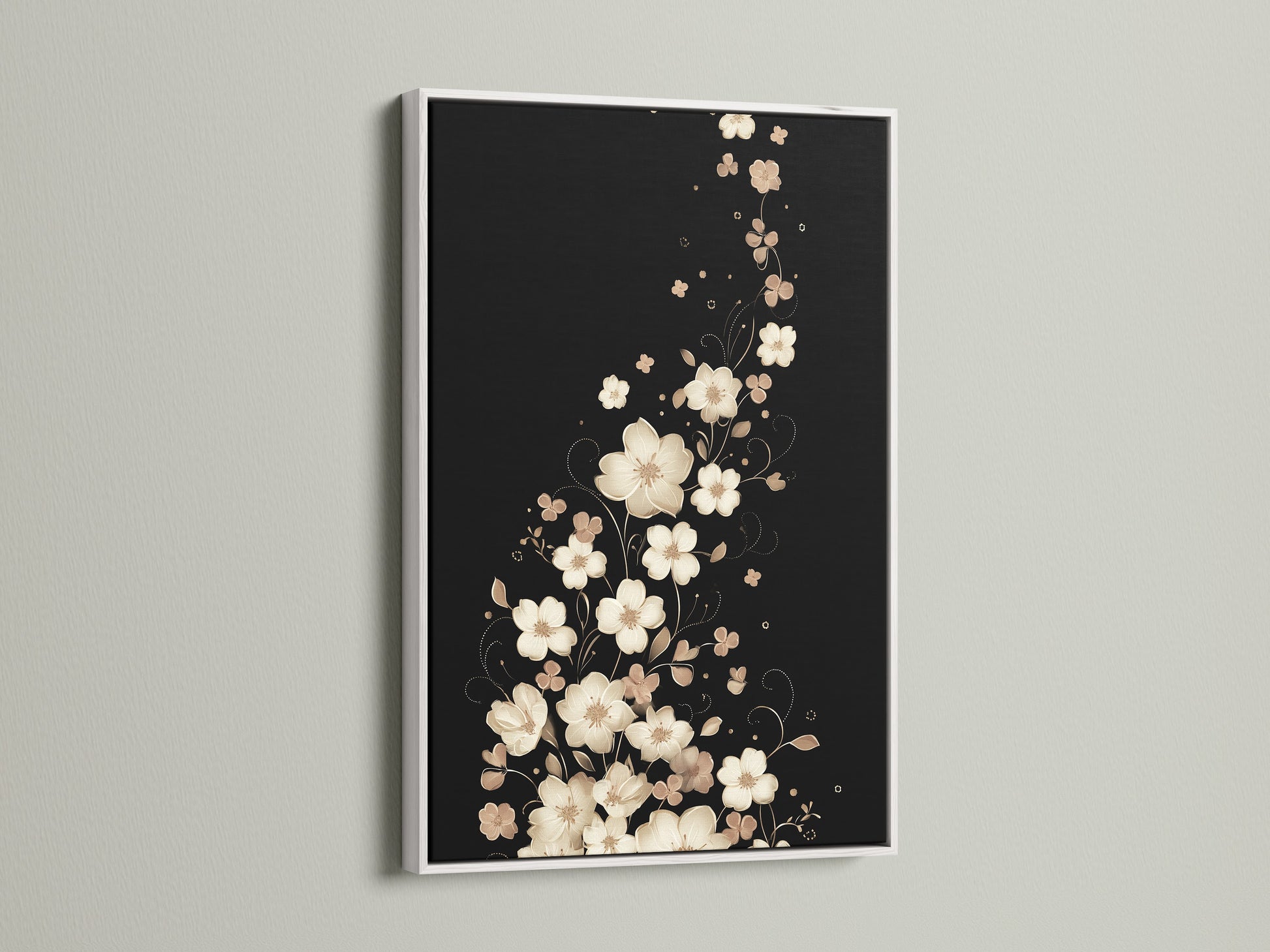 A floral canvas print with a white frame. This botanical artwork brings a fresh airy feel. The beige flowers and neutral print enhance bedroom walls. It's perfect as a simple yet elegant piece of wall art.