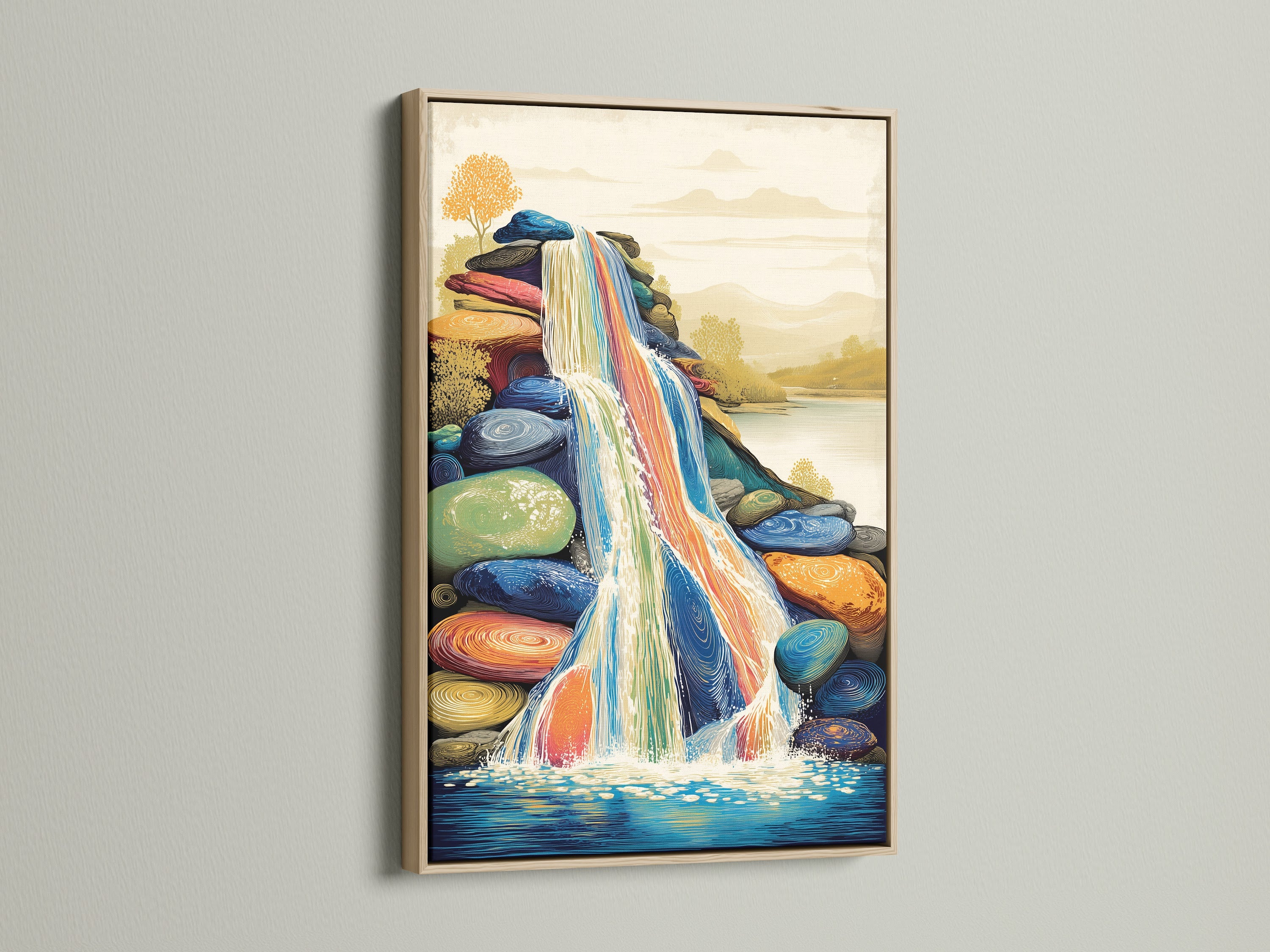 A vibrant waterfall artwork is presented in an oak frame. The colorful canvas art brings nature indoors. Ideal for adding a touch of contemporary style to any room. Suitable for bedroom wall decor.