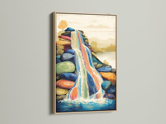 A vibrant waterfall artwork is presented in an oak frame. The colorful canvas art brings nature indoors. Ideal for adding a touch of contemporary style to any room. Suitable for bedroom wall decor.
