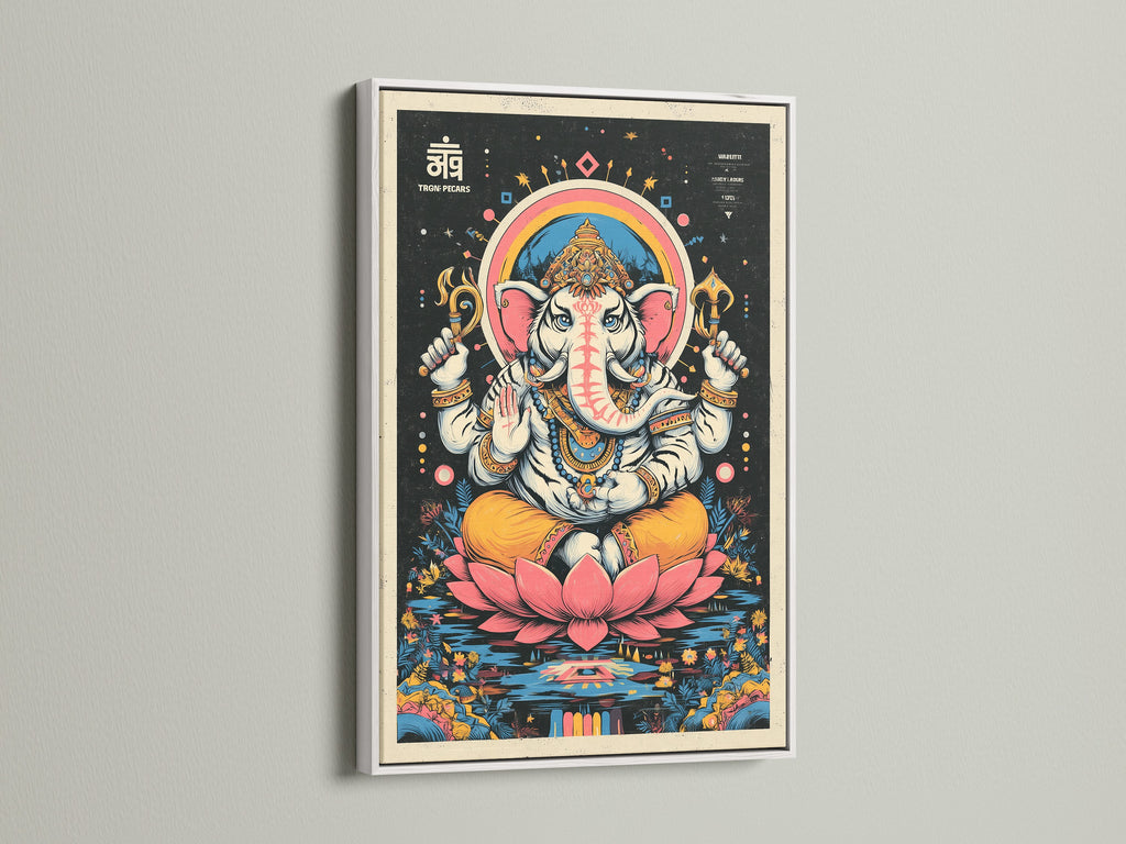 Ganesha Canvas art in a white frame. This Hindu God art brings spiritual decor to your home. The meditation art is perfect for a yoga studio. The elephant deity artwork is a unique piece. This Ganesha lotus art print is vibrant.