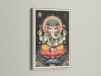 Ganesha Canvas art in a white frame. This Hindu God art brings spiritual decor to your home. The meditation art is perfect for a yoga studio. The elephant deity artwork is a unique piece. This Ganesha lotus art print is vibrant.