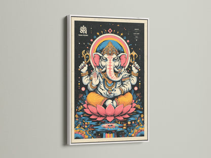 Ganesha Canvas art in a white frame. This Hindu God art brings spiritual decor to your home. The meditation art is perfect for a yoga studio. The elephant deity artwork is a unique piece. This Ganesha lotus art print is vibrant.