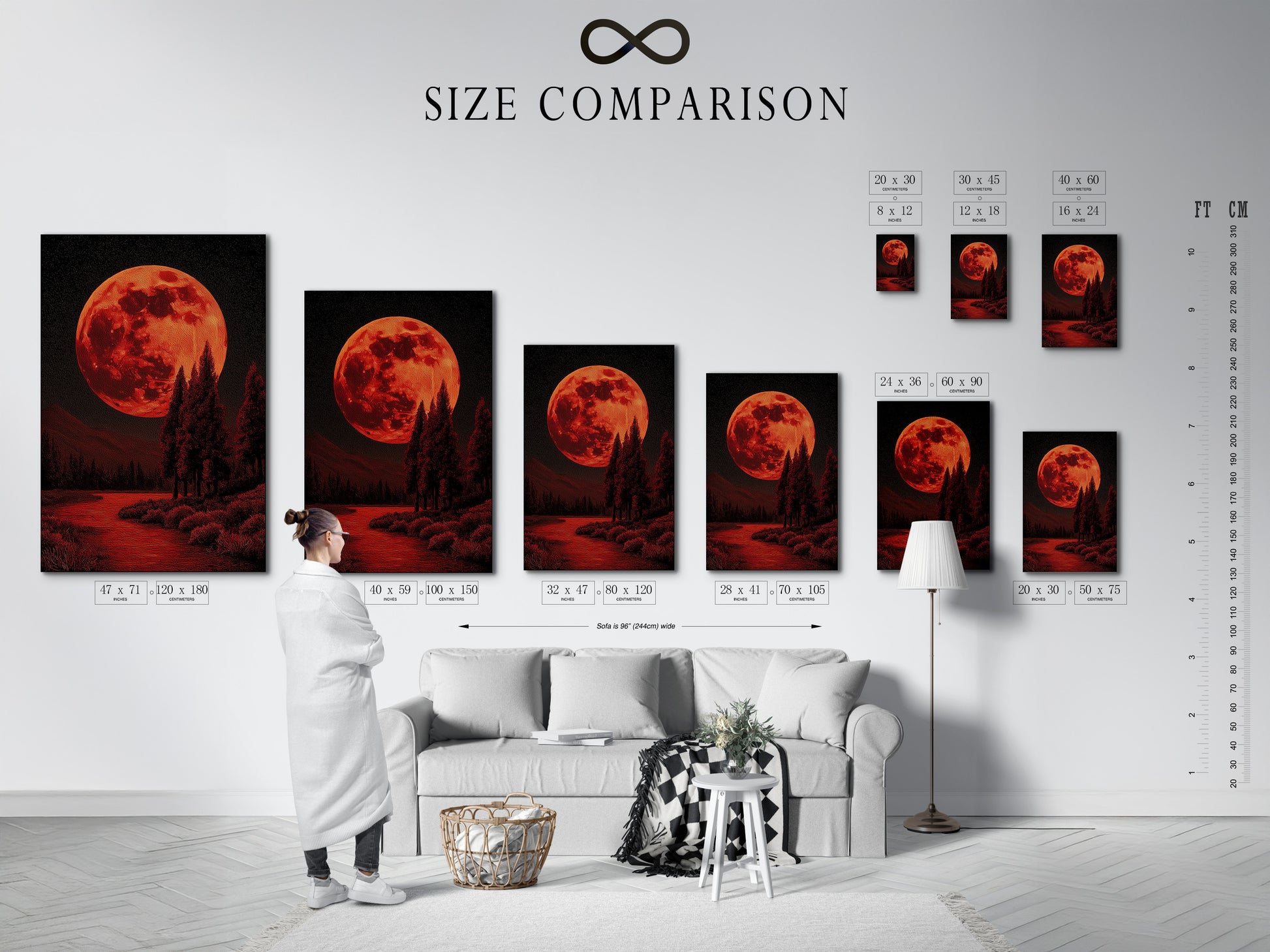 A size comparison chart is shown in an interior setting. It demonstrates the different sizes available for the artwork. The chart helps visualize how the moon canvas print will fit in your space. Plan your space now.