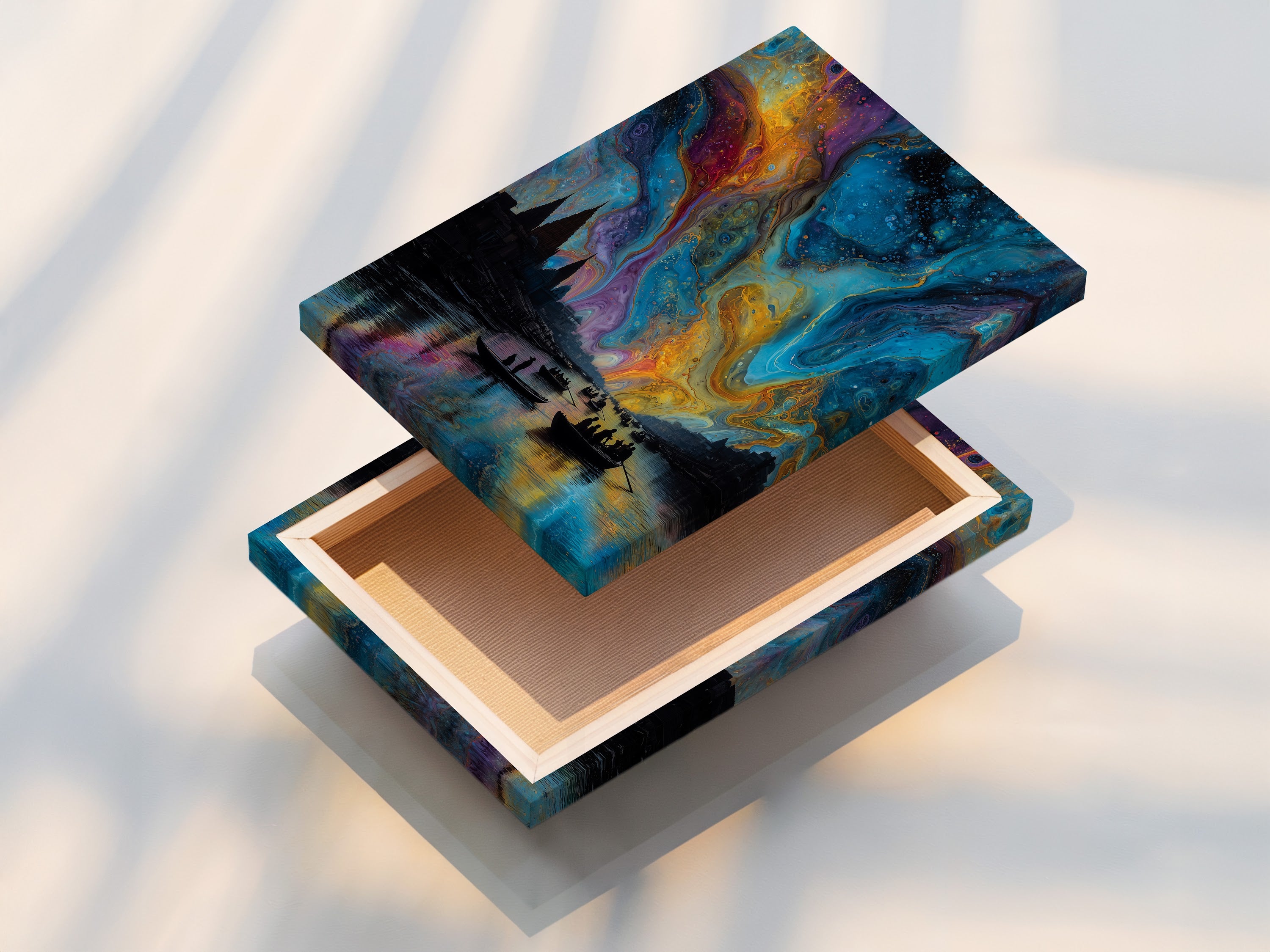 A stretched canvas print of Aurora Borealis. The cosmic sky wall art is vibrant and eye-catching. This surreal northern lights poster will transform your space. Ready to hang and enjoy.