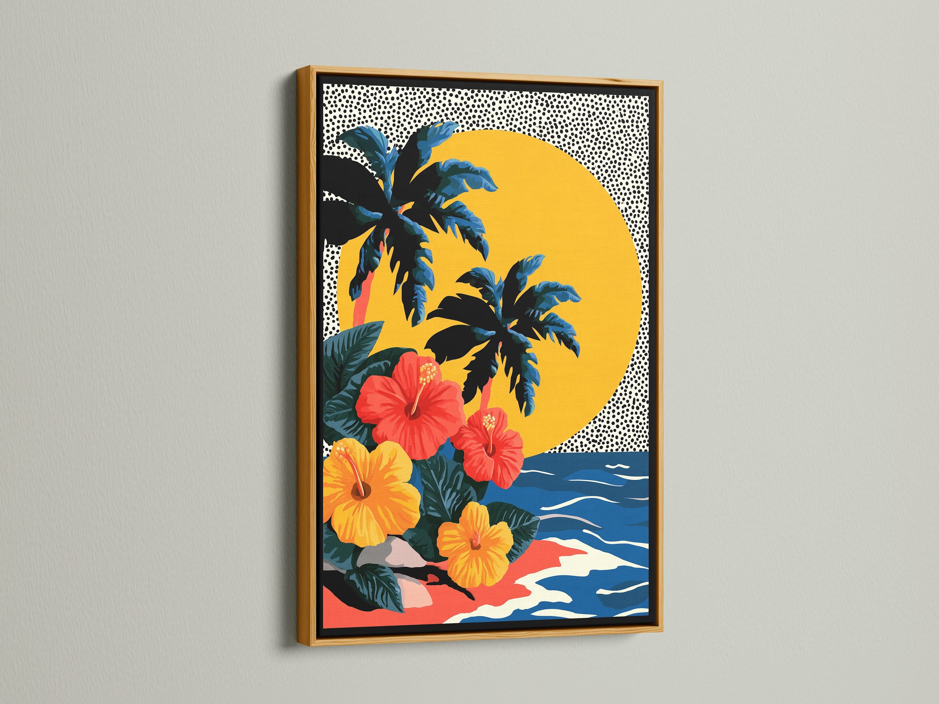This is a framed artwork featuring a tropical scene. The artwork has palm trees hibiscus flowers and a sun against a dotted background. The artwork has a gold frame. The print is mounted on a white wall in a well lit room. The artwork is hung at eye level.
