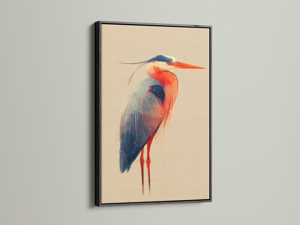 The black frame offers a bold contrast to the heron artwork. This bird canvas print stands out with a sleek black frame. Interior designers recommend this coastal wall art. This frame adds sophistication to modern nature art. A black frame creates a statement in any room.