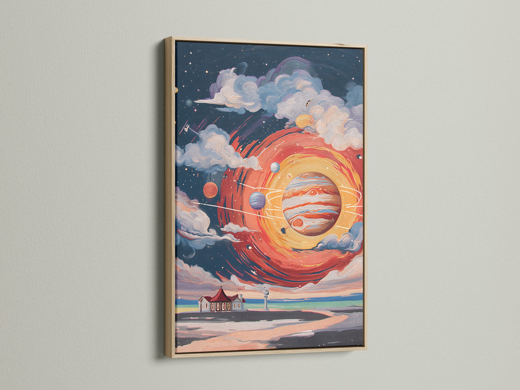 The cosmic lighthouse wall artwork is showcased in an oak frame. This space art print adds warmth to any room. The solar system poster complements contemporary and eclectic styles.