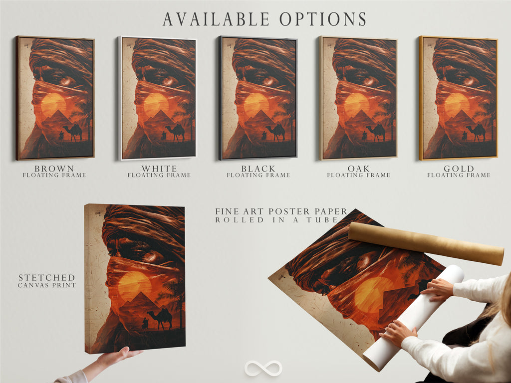 Explore the available options for this desert Bedouin artwork. Choose from a stretched canvas print a fine art poster paper or a floating frame. Each option enhances the Middle Eastern wall art in its own way. The camel caravan sunset poster is perfect for any style. Create a unique look with these versatile choices.