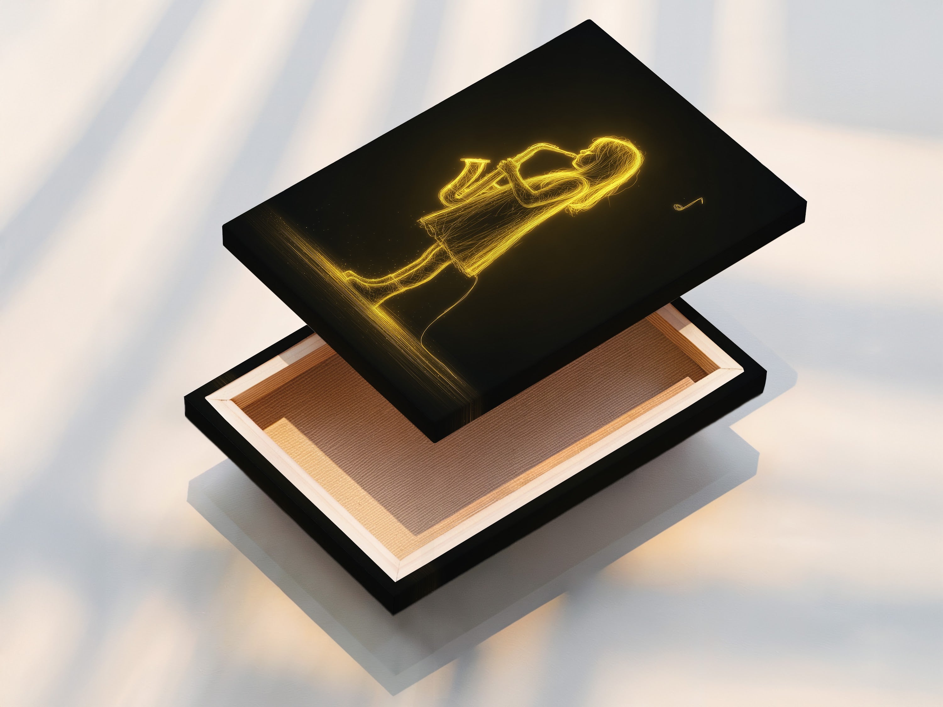 A stretched canvas print of the Saxophone Player art. The artwork is ready to hang and enjoy. The neon colors and details pop. This vibrant jazz musician canvas is perfect for any space