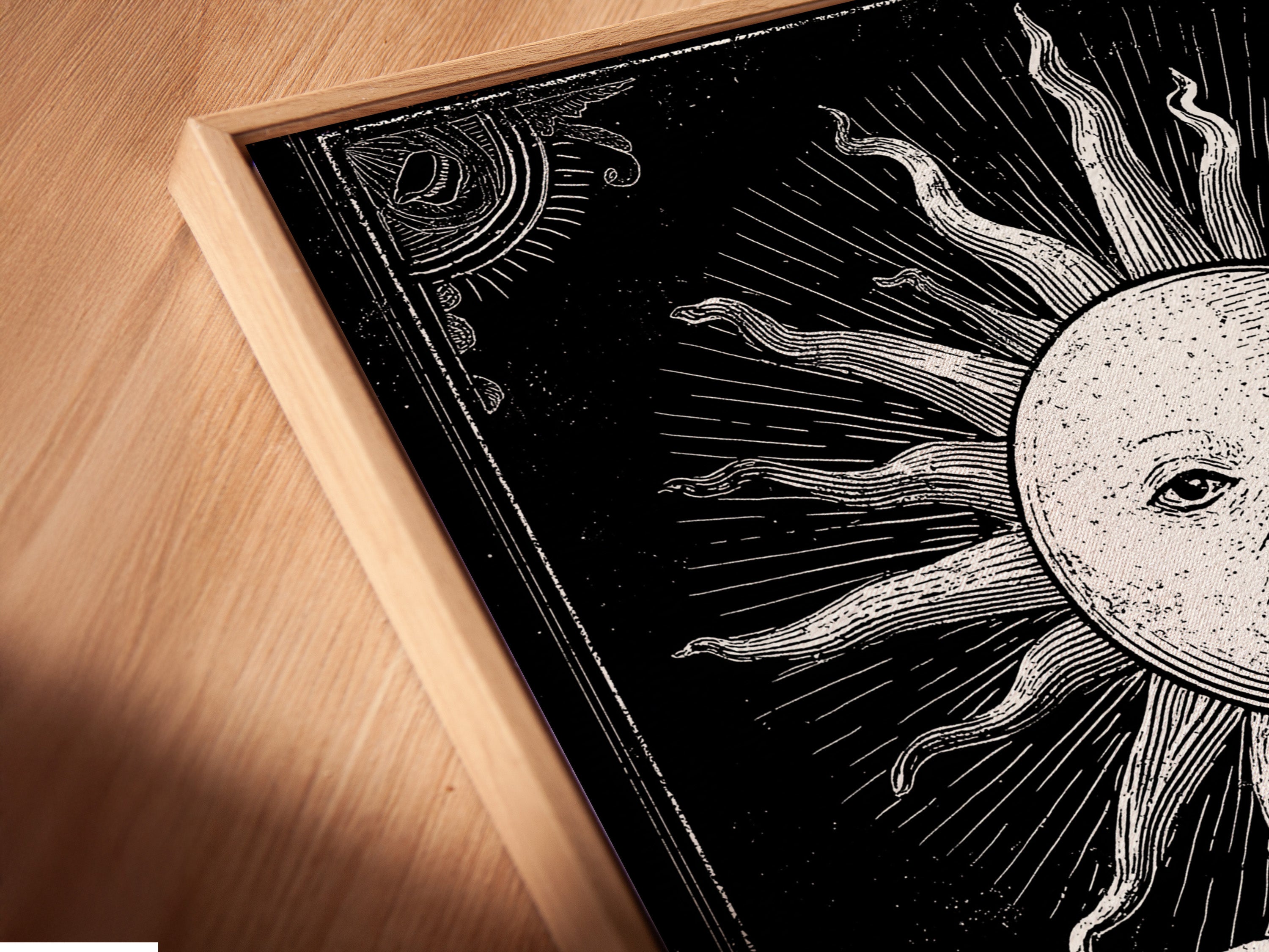 Close-up of a canvas print in a floating frame. The artwork features a vintage sun illustration. Two glasses of beer are featured under the sun. Floating frames create a modern gallery look. Display your art with style.