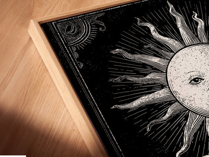 Close-up of a canvas print in a floating frame. The artwork features a vintage sun illustration. Two glasses of beer are featured under the sun. Floating frames create a modern gallery look. Display your art with style.