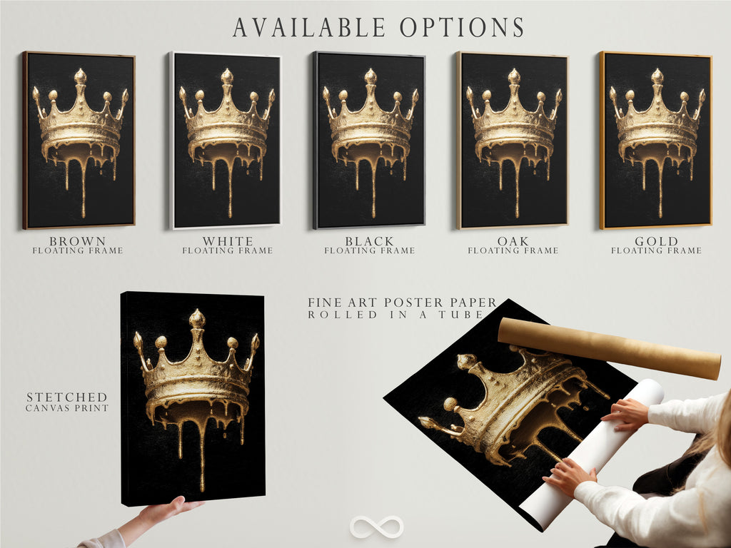 Available options for the Melting Crown artwork. Choose from a stretched canvas print fine art poster paper or floating frame. The artwork features a gold melting crown on a black background. Get yours today.
