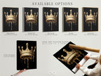 Available options for the Melting Crown artwork. Choose from a stretched canvas print fine art poster paper or floating frame. The artwork features a gold melting crown on a black background. Get yours today.