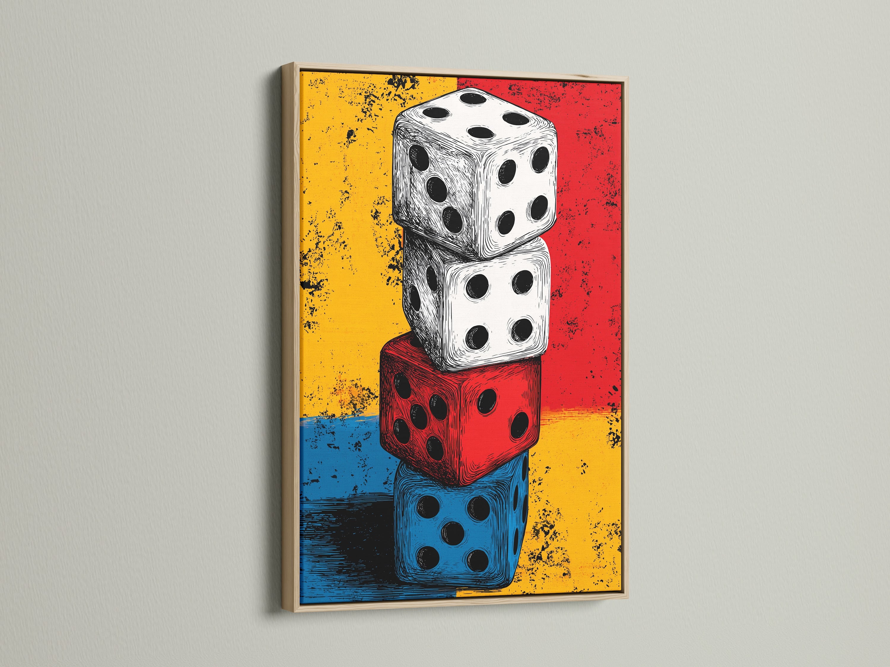 Vintage Dice artwork in an oak frame. This retro game art is great for dorm wall decor. The primary color is red and the secondary color is yellow. A great dice print for game room art