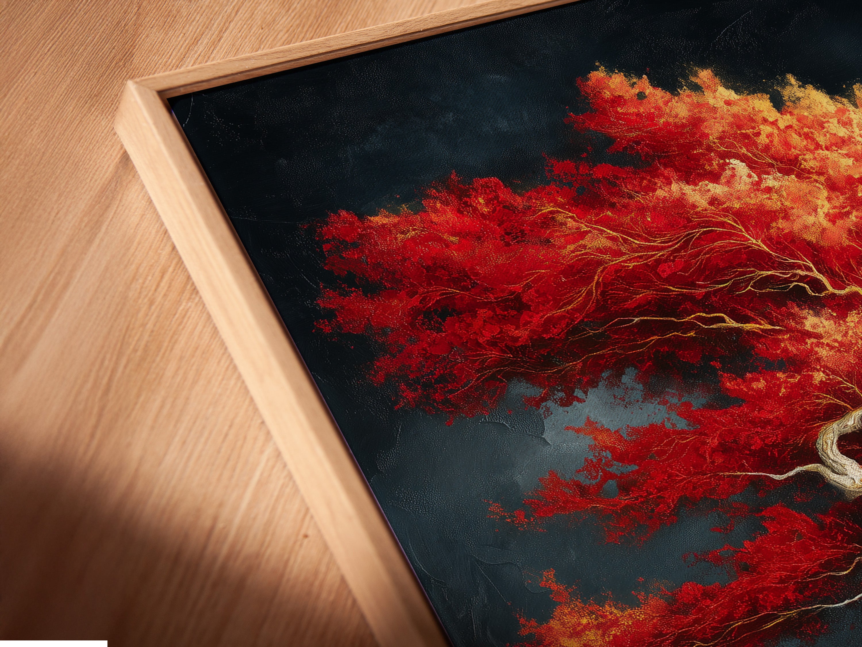 A close-up view of a canvas print in a floating frame. The red maple bonsai art adds depth to any room. This Asian Zen wall art enhances meditation spaces. Perfect as contemporary office decor. The floating frame adds a modern touch to this oriental artwork.