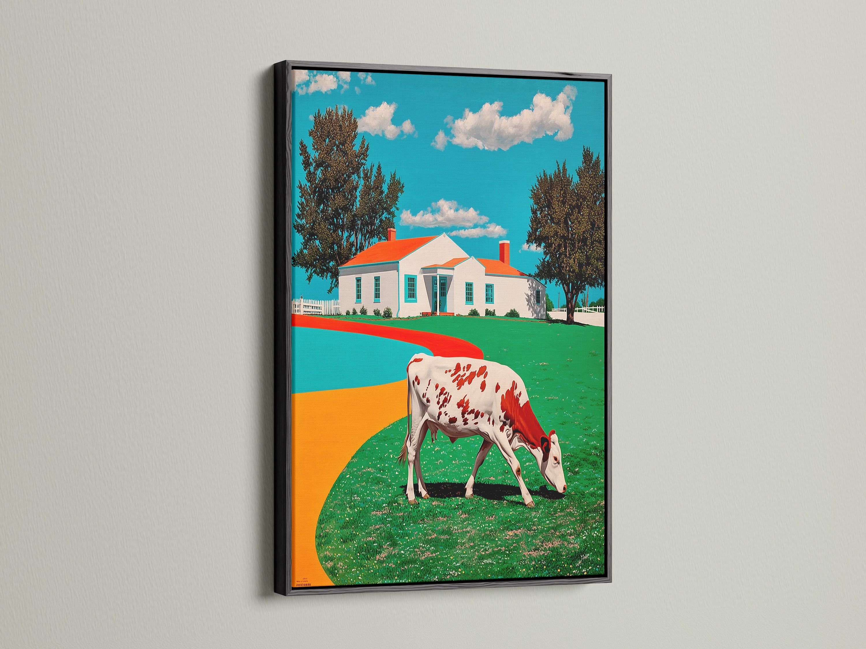 Cow Art in a Black Frame. The artwork features a red and white cow near a farmhouse. The black frame provides a sleek contrast. Perfect for farmhouse decor or rustic animal artwork. The countryside print adds a touch of vintage style. This canvas print is ideal for kitchen wall art or living room decor. Add a modern touch with this framed art.