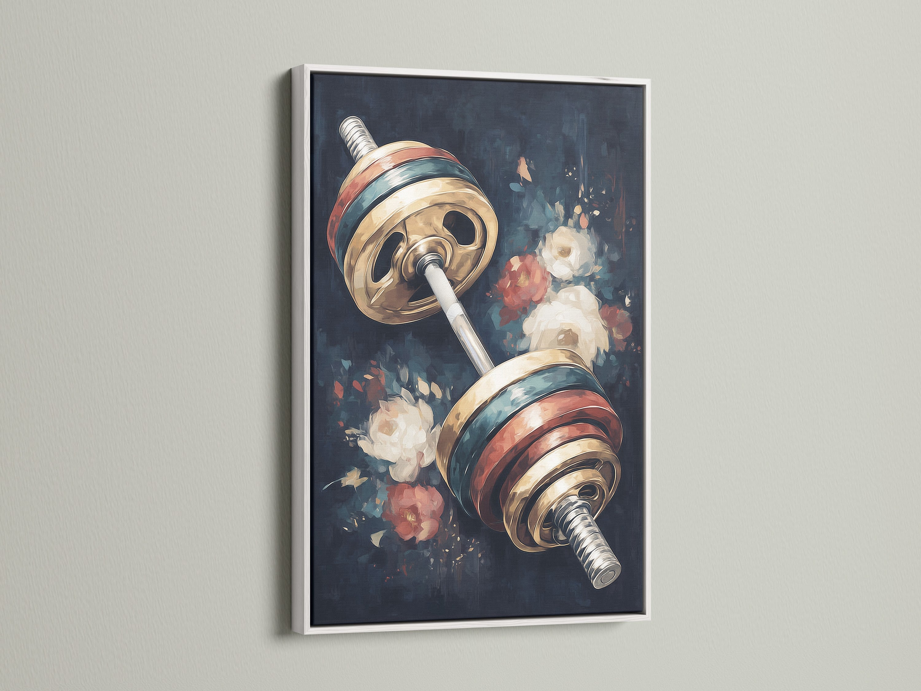 Vintage barbell art print with a clean white frame. This gym canvas print brings a fresh look to your home gym. The white frame complements the floral fitness art beautifully.