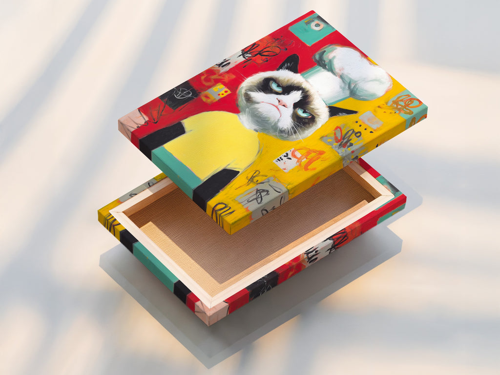 The stretched canvas print of the Chef Cat Wall Art. This is ready to hang and enjoy. The vibrant colors and funny details make it a standout piece. Perfect for adding a pop of art to your kitchen or dining room.