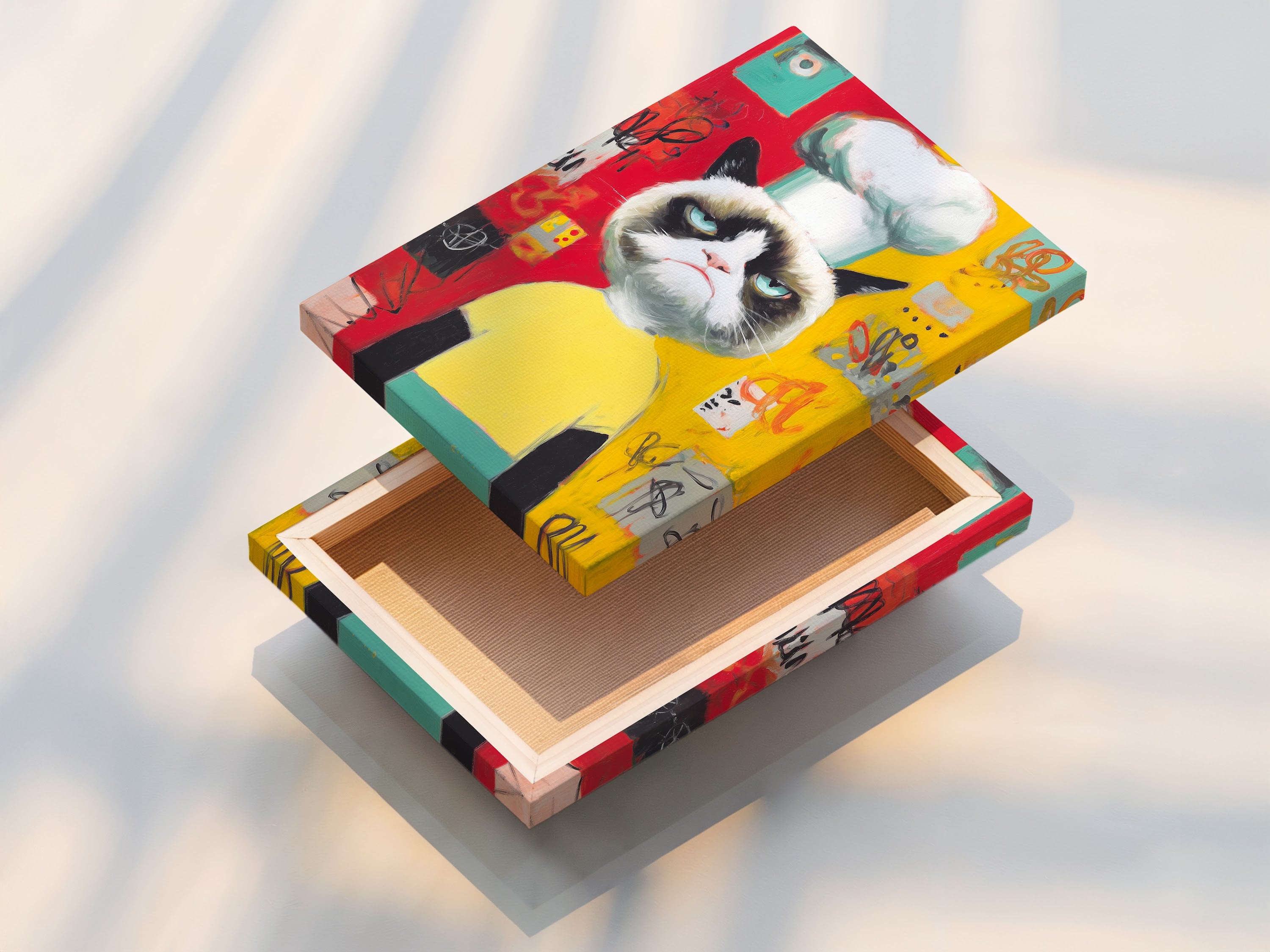 The stretched canvas print of the Chef Cat Wall Art. This is ready to hang and enjoy. The vibrant colors and funny details make it a standout piece. Perfect for adding a pop of art to your kitchen or dining room.