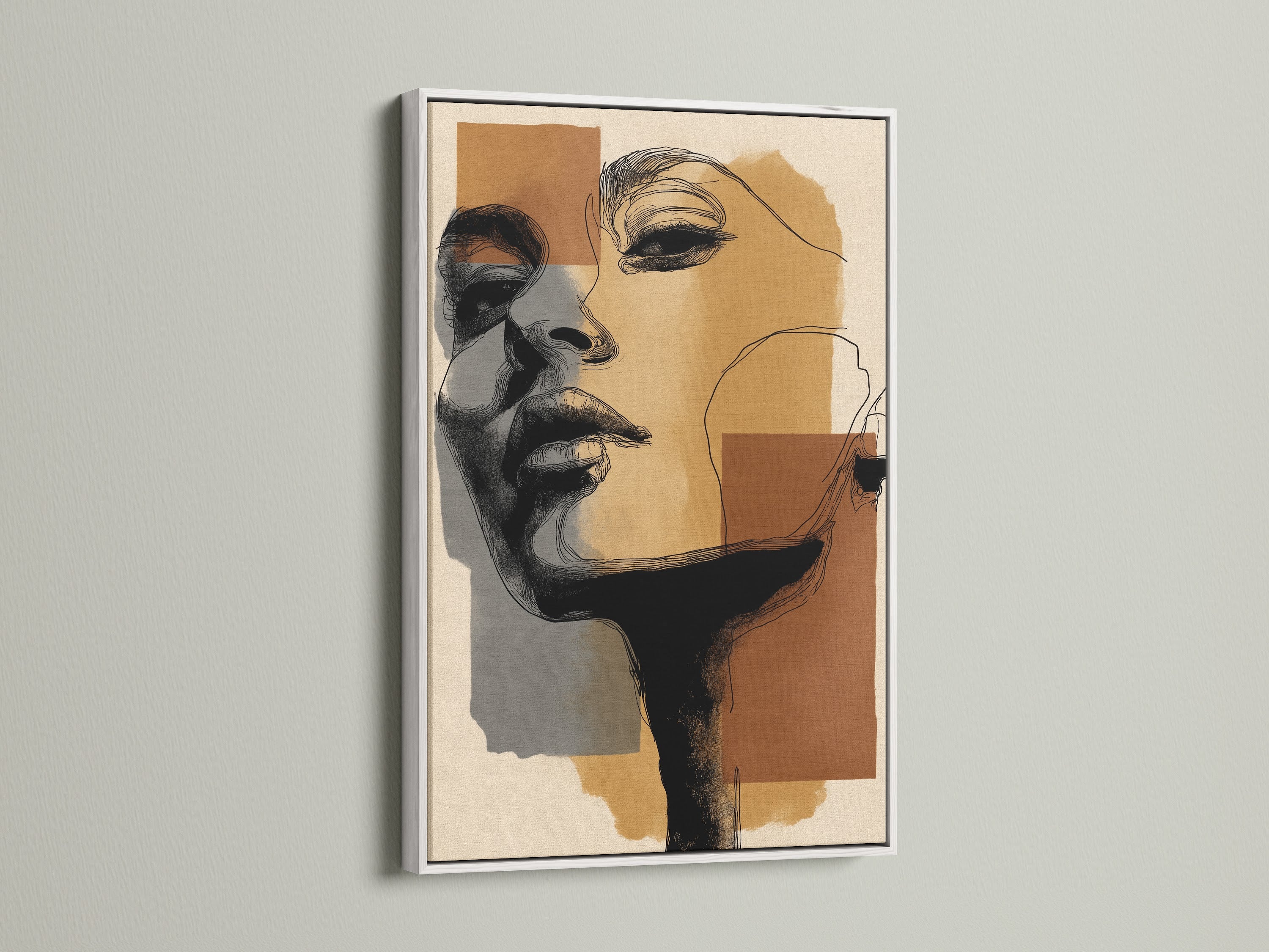 Abstract Portrait Canvas Print in a white frame. A striking piece of modern wall art for your home. The minimalist face drawing provides a contemporary touch. Ideal for bedroom decor.
