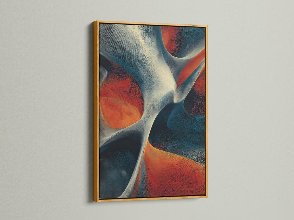 Artwork with a gold frame on a white wall. The artwork features abstract shapes in red white and blue. The gold frame adds a touch of glamour to the piece. This framed art is perfect for creating a luxurious atmosphere in any room.