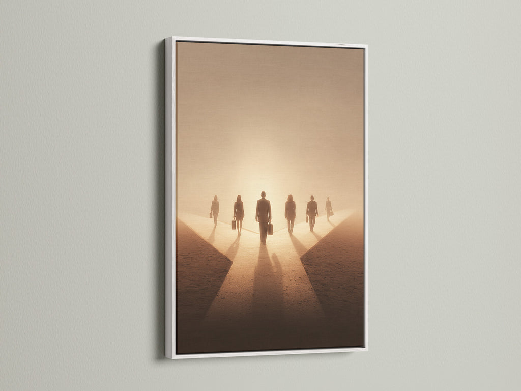 Artwork with a white frame. The art features people walking into the light. The white frame is a clean and modern choice. It will brighten up any room. This artwork is perfect for adding a touch of contemporary style to your home.