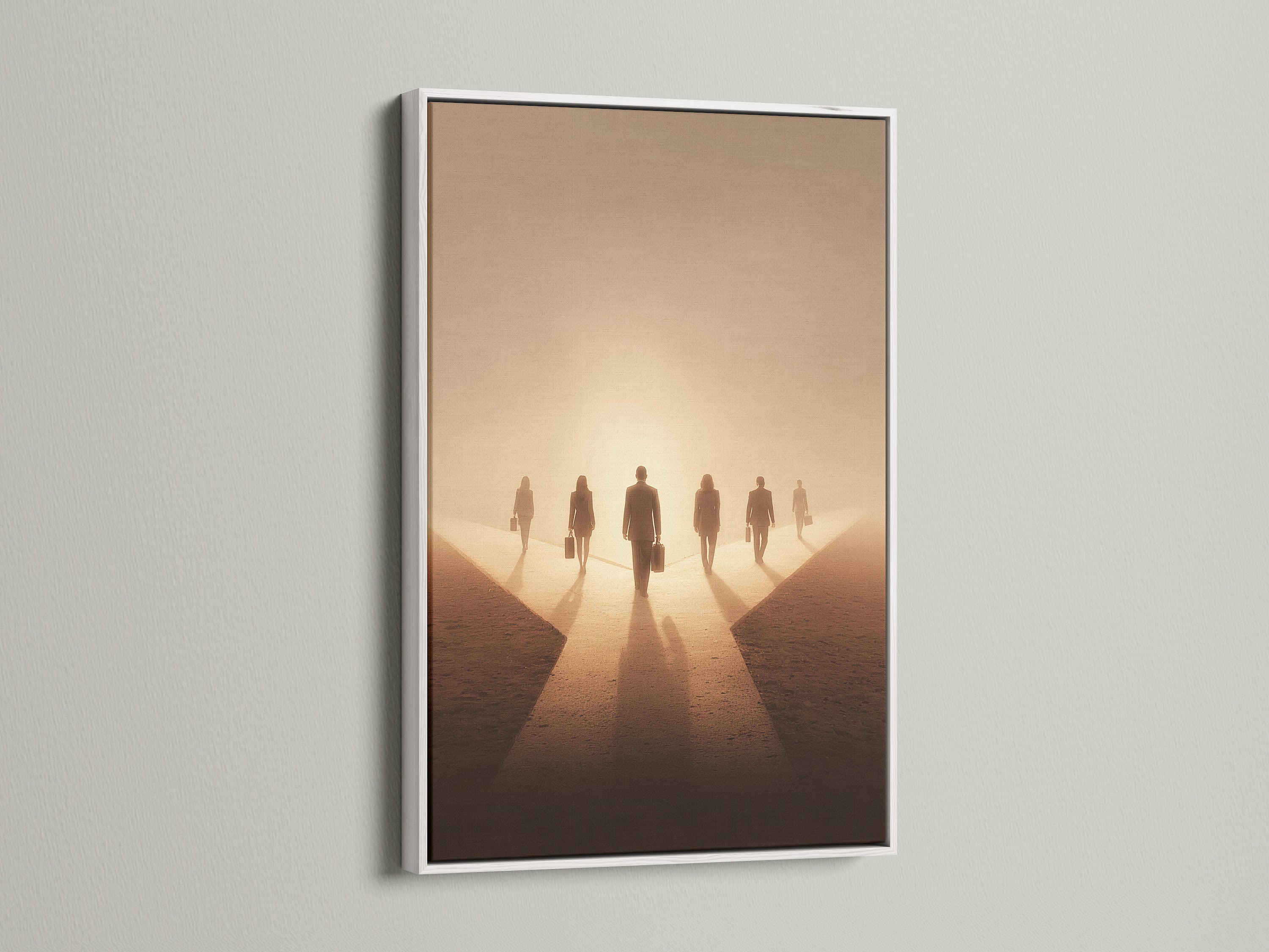 Artwork with a white frame. The art features people walking into the light. The white frame is a clean and modern choice. It will brighten up any room. This artwork is perfect for adding a touch of contemporary style to your home.