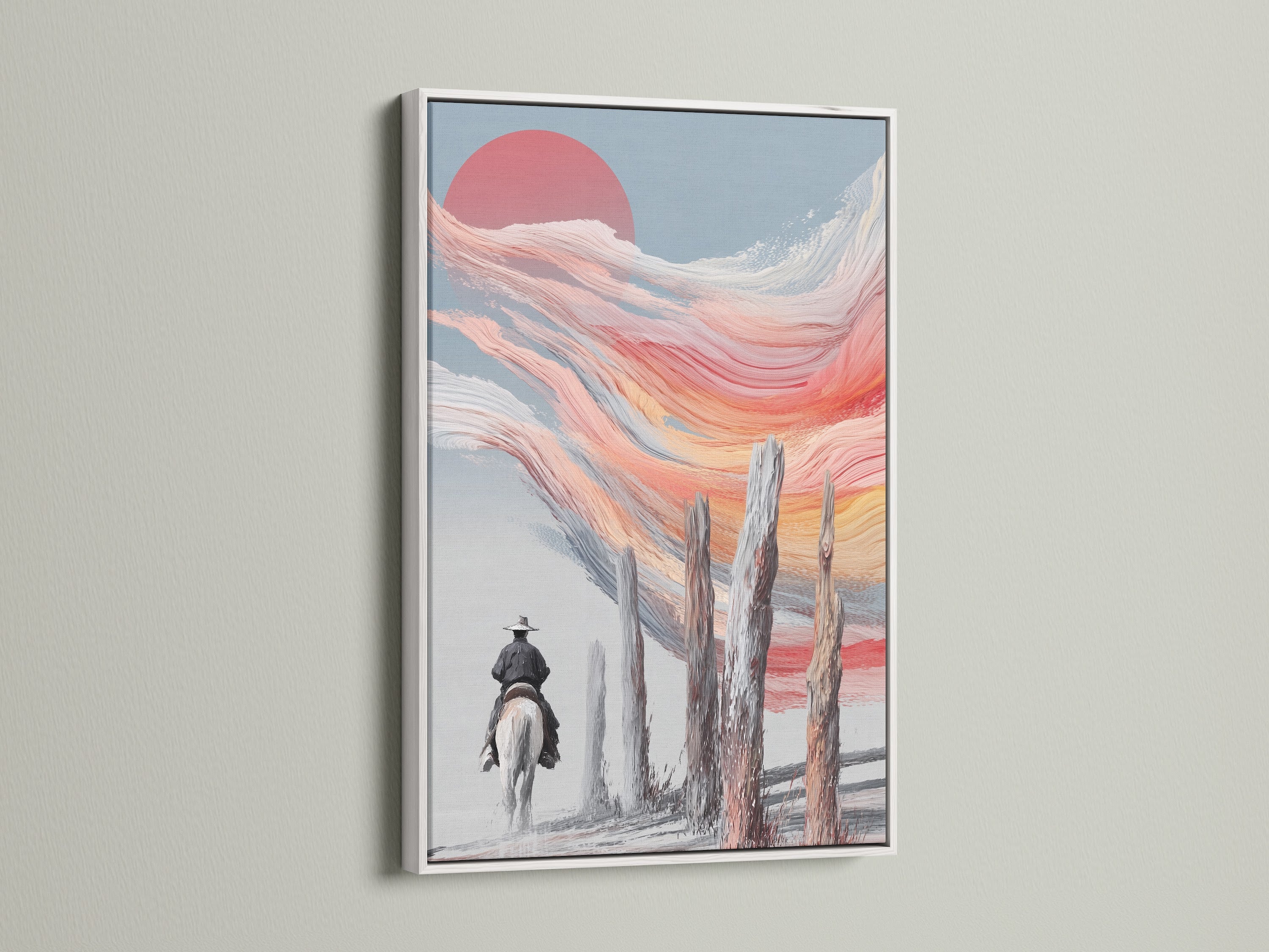 Abstract horse riding artwork displayed in a white frame. This sunset print brings neutral tones to your walls. Ideal for a modern or farmhouse style. Enhance your living room or office with this landscape print.
