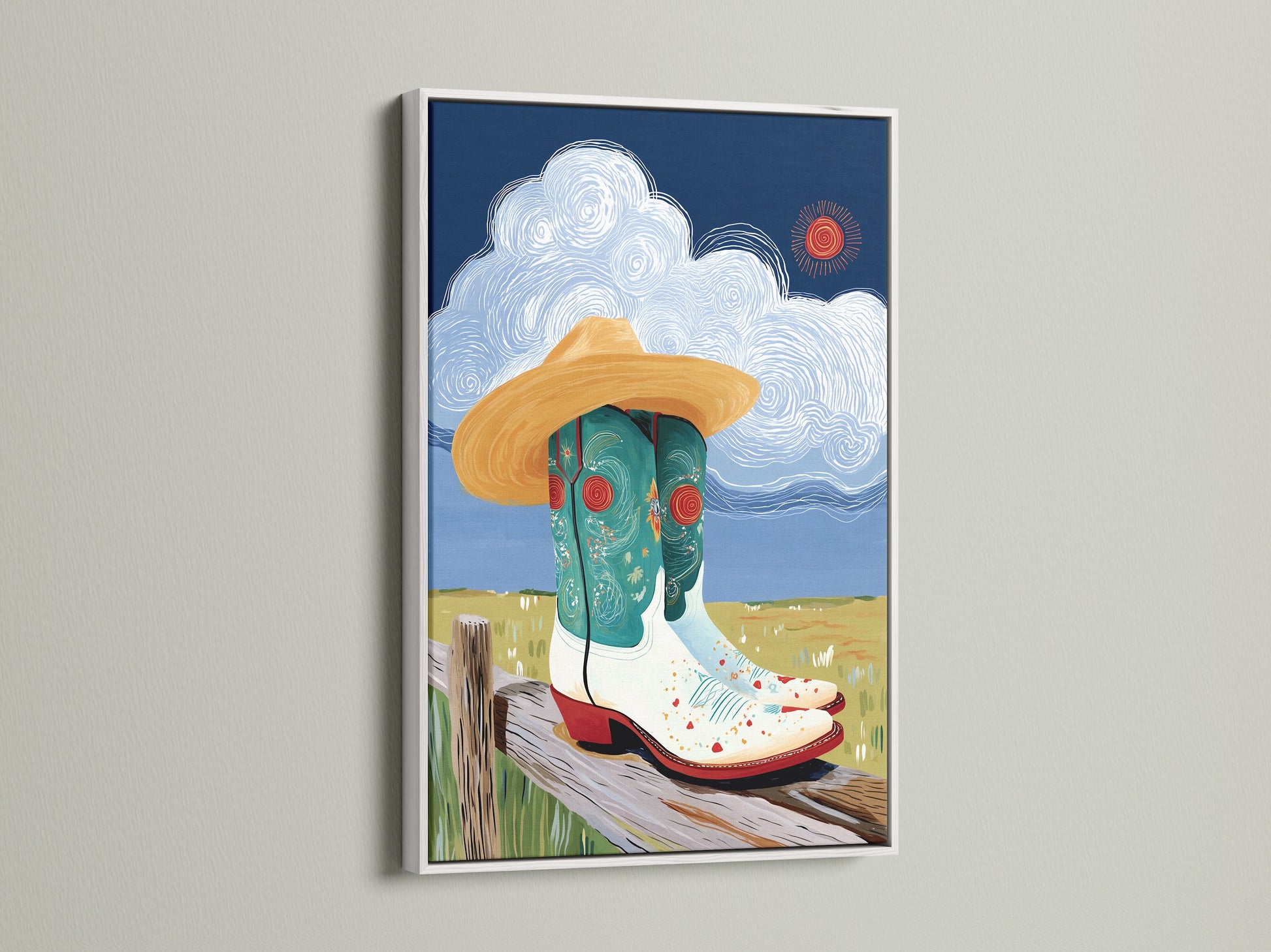 Cowgirl Boots artwork framed in white. This piece adds a clean touch to your space. The white frame enhances the countrycore art. Perfect for farmhouse wall decor and western art lovers.