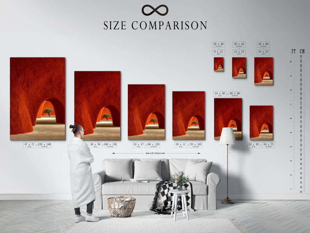 Size comparison chart in interior setting. Displaying desert architecture artwork options. See how terracotta adobe arches wall art fits. Visualize Southwestern minimalist decor in your space. Available in various sizes.