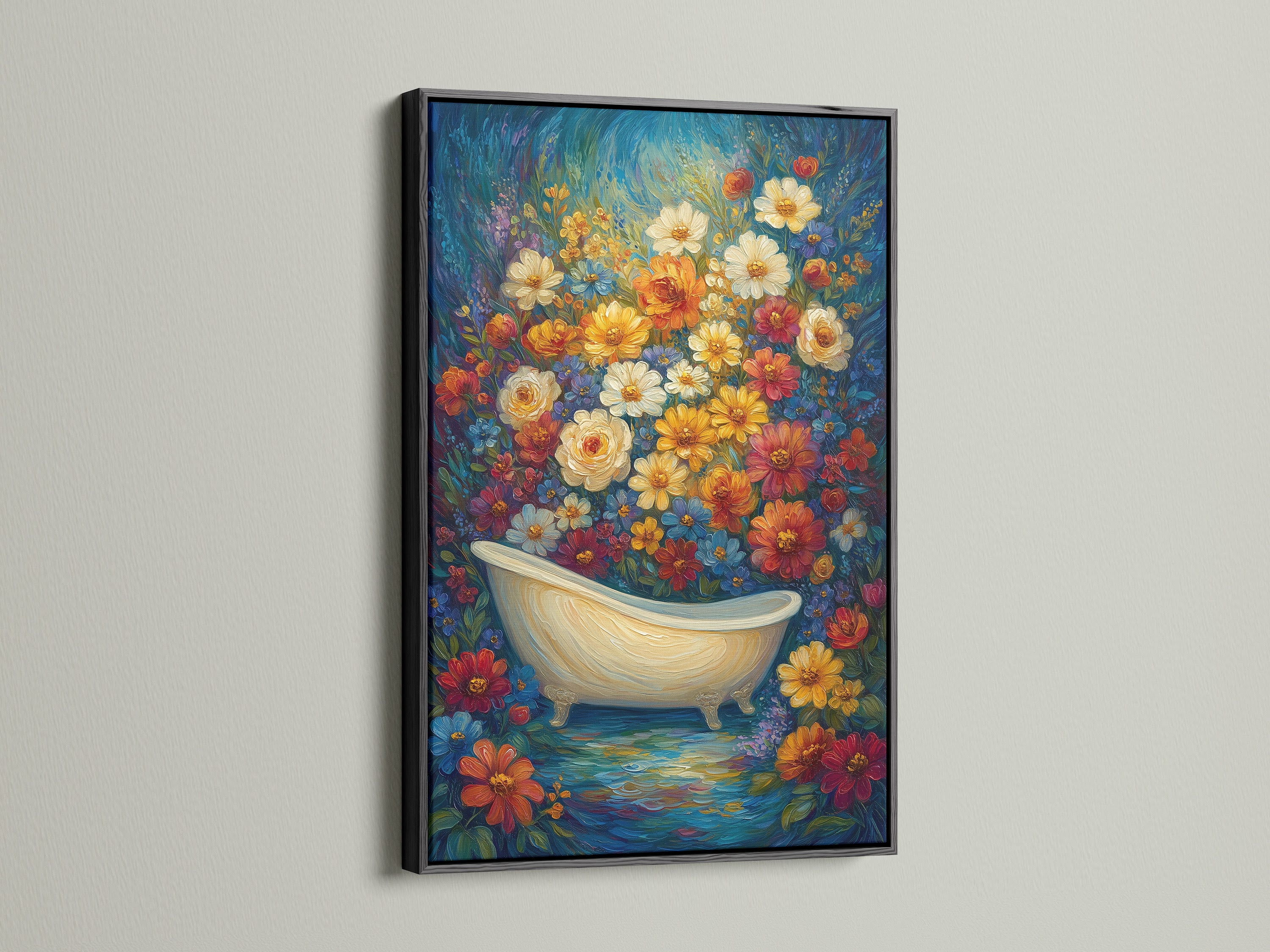 A striking floral bathtub artwork is displayed in a black frame. This vintage-inspired botanical print features a clawfoot tub. It adds a sophisticated touch to your bathroom wall decor. Ideal for creating a spa-like ambiance. It brings a bohemian and eclectic style. The primary color is blue. The secondary color is yellow. This artwork enhances your space.