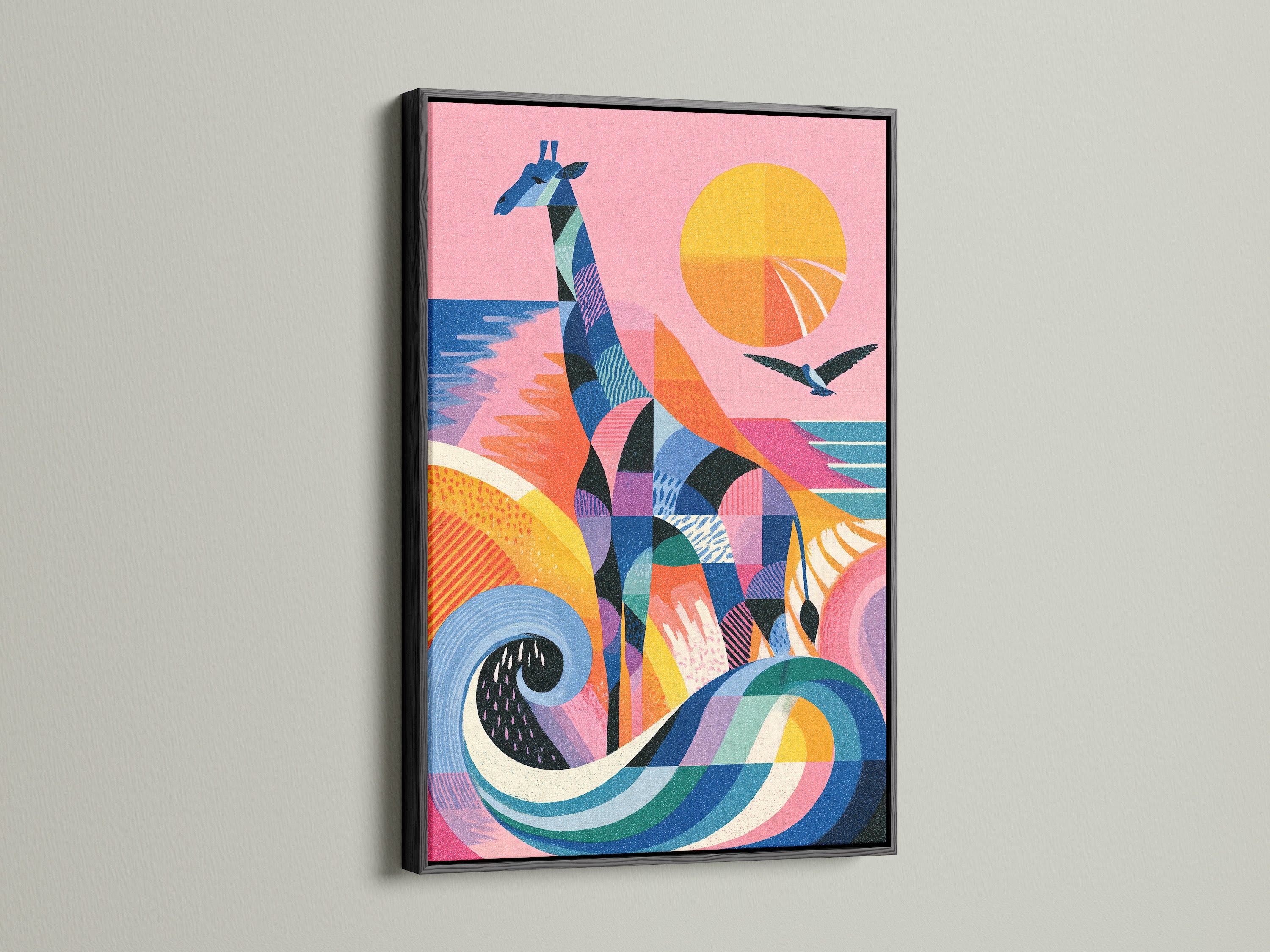 Artwork in a black frame. The artwork is colorful. It features a giraffe a bird and a sunset. The black frame provides a modern touch. This framed piece will enhance any room in your home.